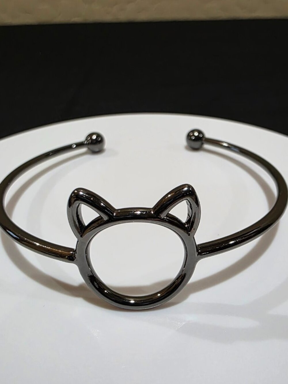 Purrfection Cat Kitty Cartoon Gunmetal Gray Black Open Heavy Metal Cuff Bracelet